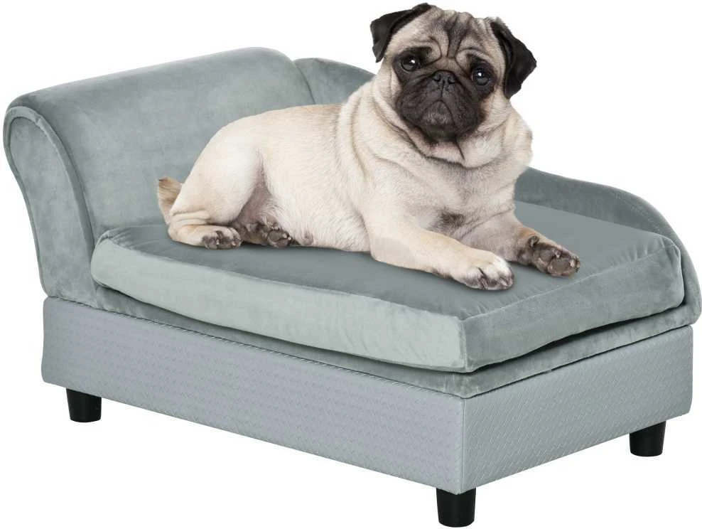 PawHut šunų sofa, pliušinė šunų lova su kilimėliu ir saugykla, natūrali mediena, šviesiai mėlyna, 76x45x41,5 cm