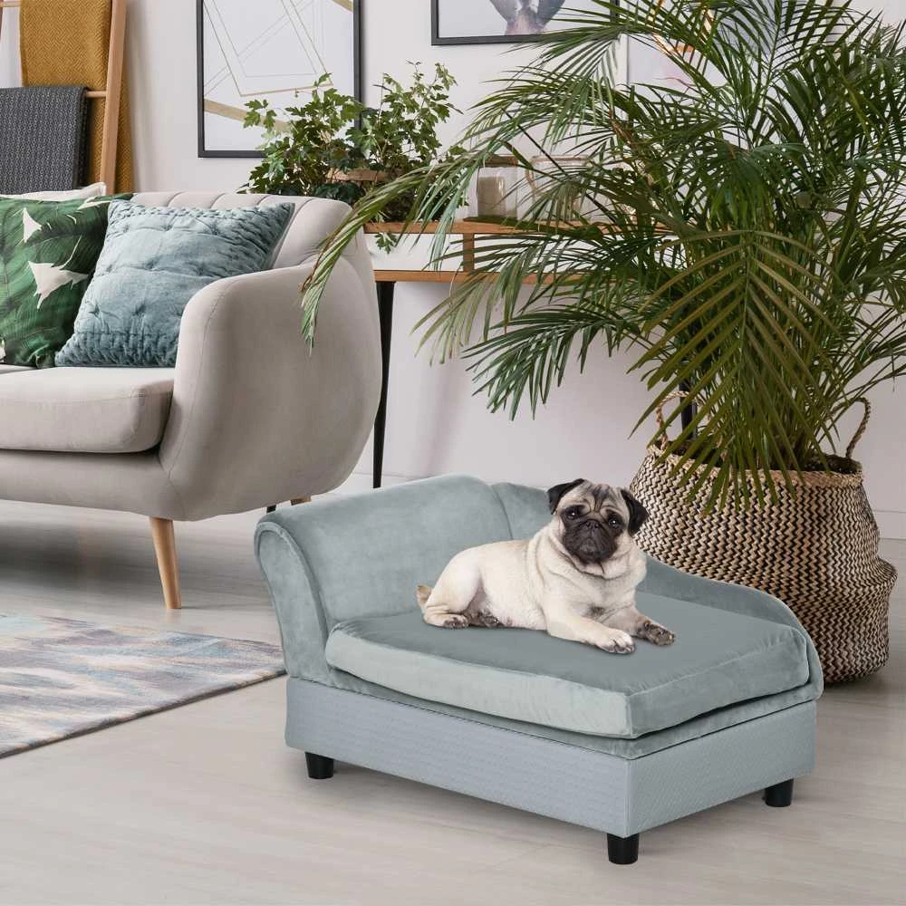 PawHut šunų sofa, pliušinė šunų lova su kilimėliu ir saugykla, natūrali mediena, šviesiai mėlyna, 76x45x41,5 cm