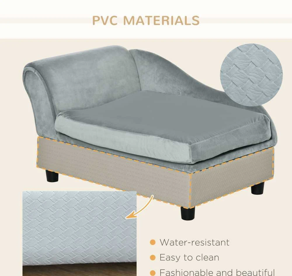 PawHut šunų sofa, pliušinė šunų lova su kilimėliu ir saugykla, natūrali mediena, šviesiai mėlyna, 76x45x41,5 cm