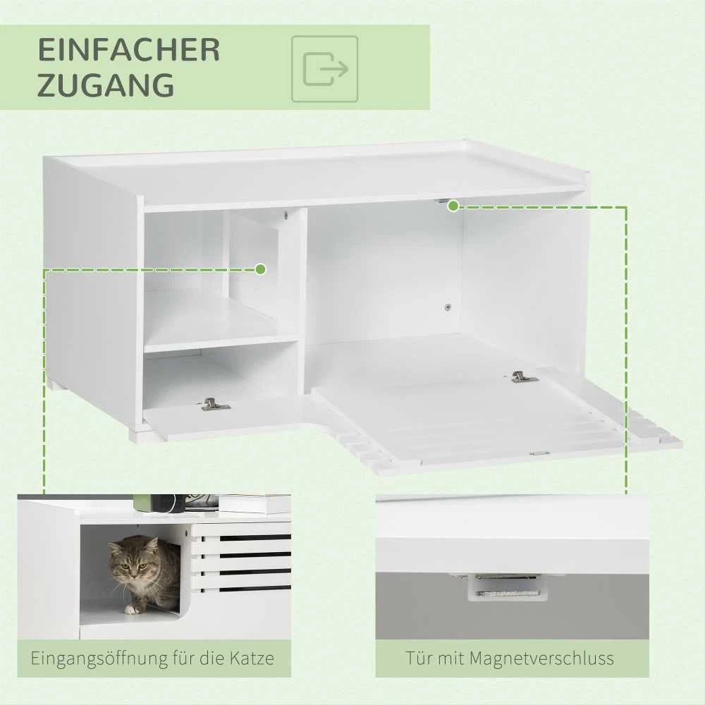 PawHut kačių spintelė kačių tualetui, kačių namelis su magnetinėmis durelėmis, šoninio staliuko dizainas, MDF, balta
