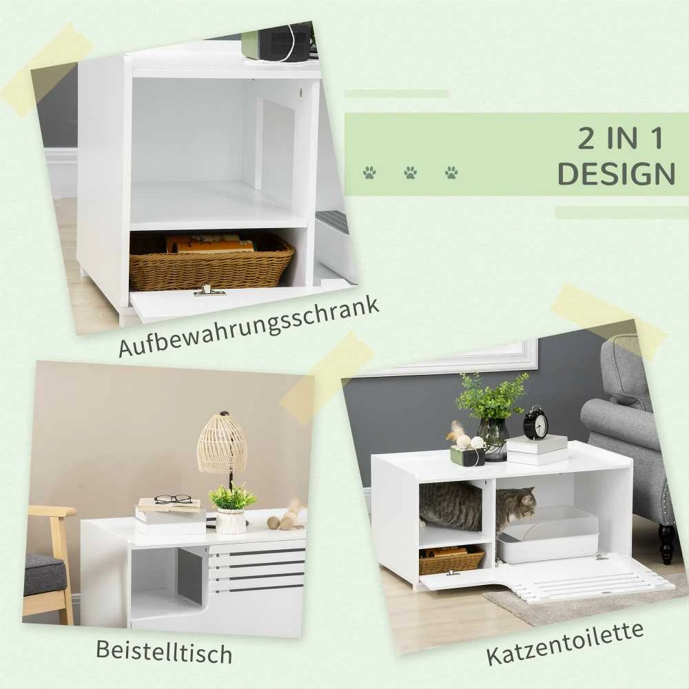 PawHut kačių spintelė kačių tualetui, kačių namelis su magnetinėmis durelėmis, šoninio staliuko dizainas, MDF, balta