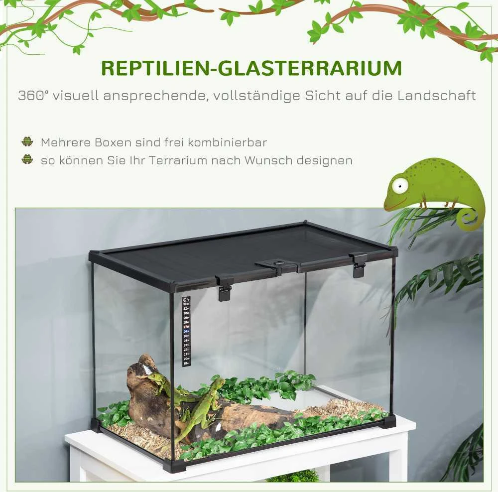 PawHut terariumas ropliams, maitinimo dėžutė, stiklinis terariumas varliagyviams, voragyviams su termometru, veisimo dėžutė, metalinis, 50 x 30 x 35 cm
