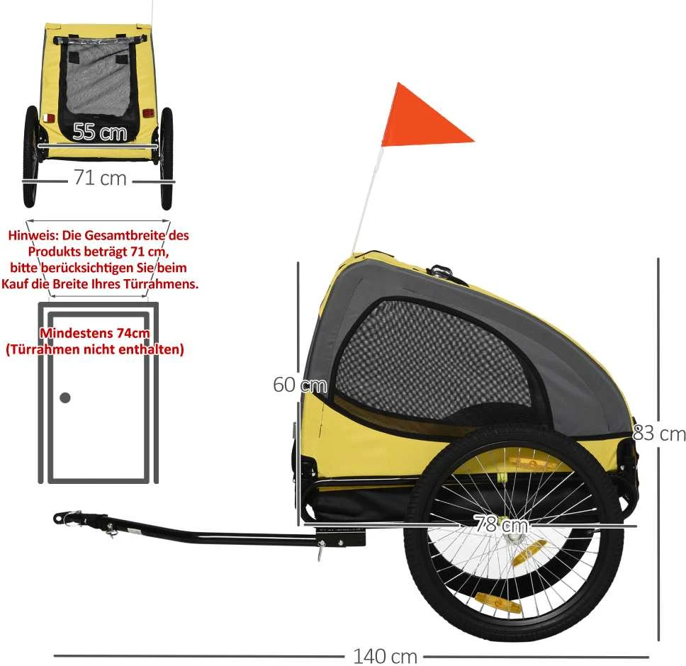 PawHut šunų priekaba, sulankstoma dviračio priekaba su tinkliniais langeliais, atšvaitais, vėliavėle, greito atjungimo mechanizmu, Oksfordo audinys, plienas, geltona, 140 x 71 x 83 cm
