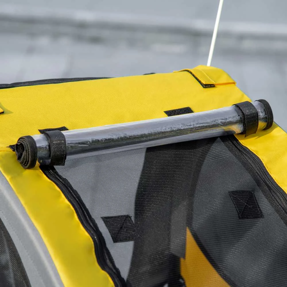 PawHut šunų priekaba, sulankstoma dviračio priekaba su tinkliniais langeliais, atšvaitais, vėliavėle, greito atjungimo mechanizmu, Oksfordo audinys, plienas, geltona, 140 x 71 x 83 cm