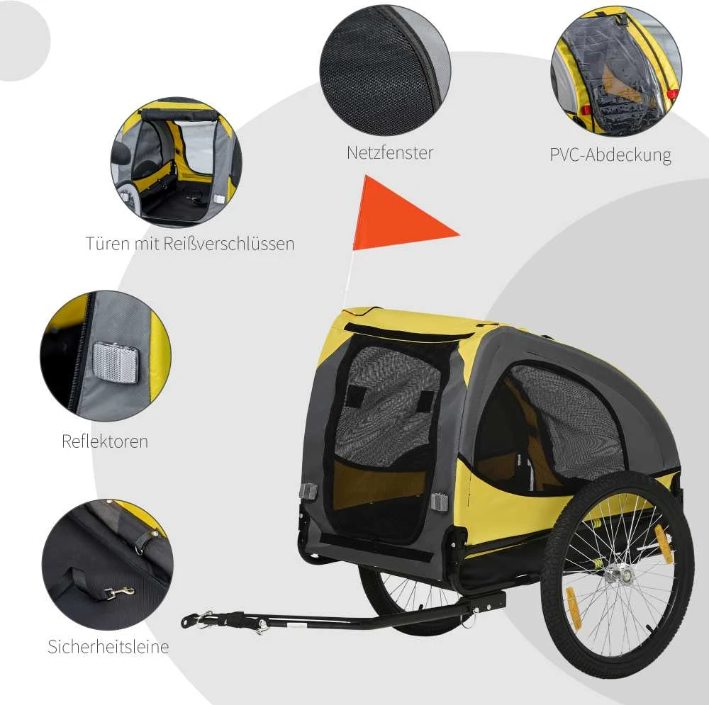 PawHut šunų priekaba, sulankstoma dviračio priekaba su tinkliniais langeliais, atšvaitais, vėliavėle, greito atjungimo mechanizmu, Oksfordo audinys, plienas, geltona, 140 x 71 x 83 cm