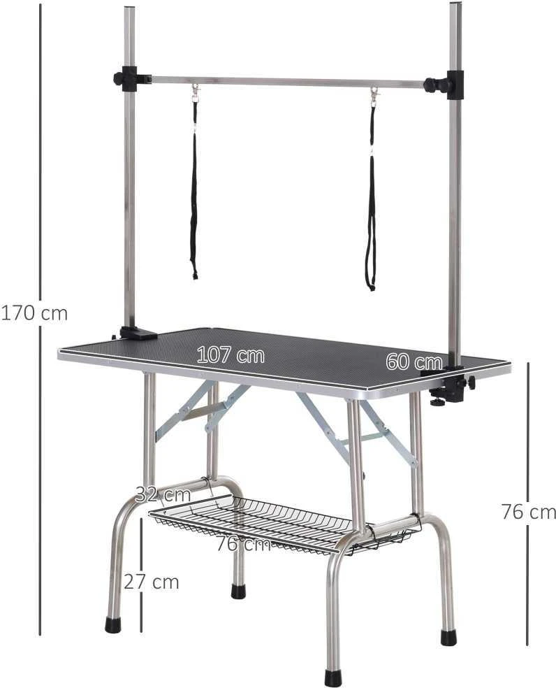 PawHut kirpimo stalas gyvūnams, šunų priežiūros stalas su krepšiu, reguliuojamo aukščio, sulankstomas, nerūdijantis plienas, metalas, juodas, 107 x 60 x 170 cm