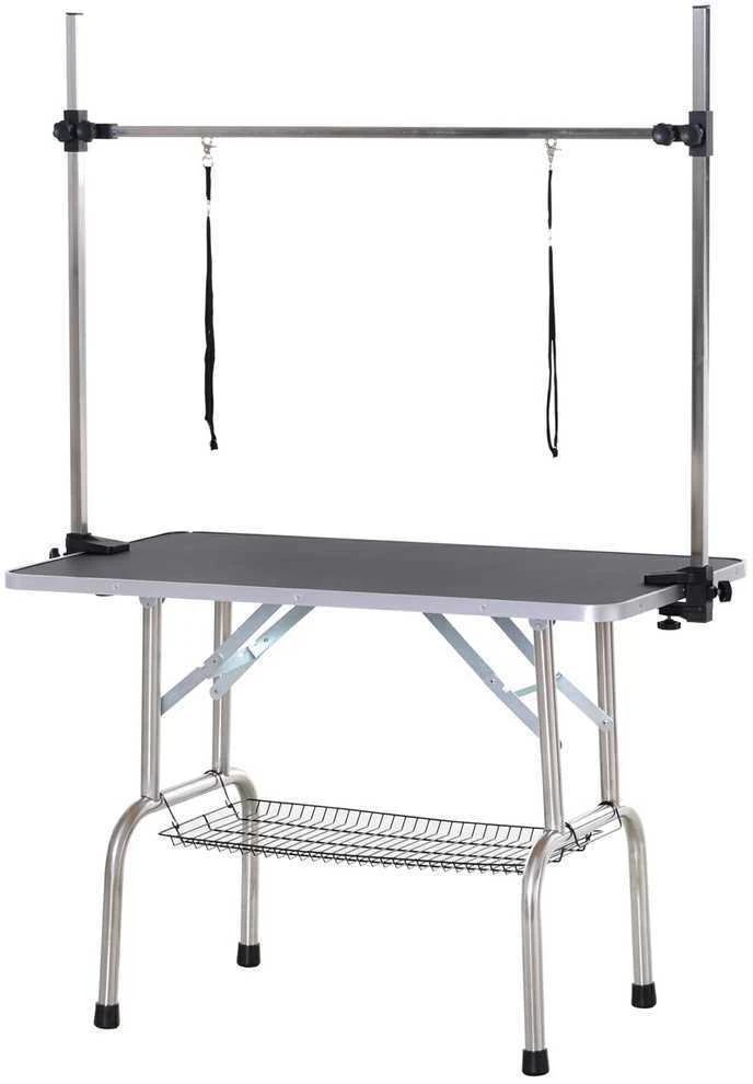 PawHut kirpimo stalas gyvūnams, šunų priežiūros stalas su krepšiu, reguliuojamo aukščio, sulankstomas, nerūdijantis plienas, metalas, juodas, 107 x 60 x 170 cm