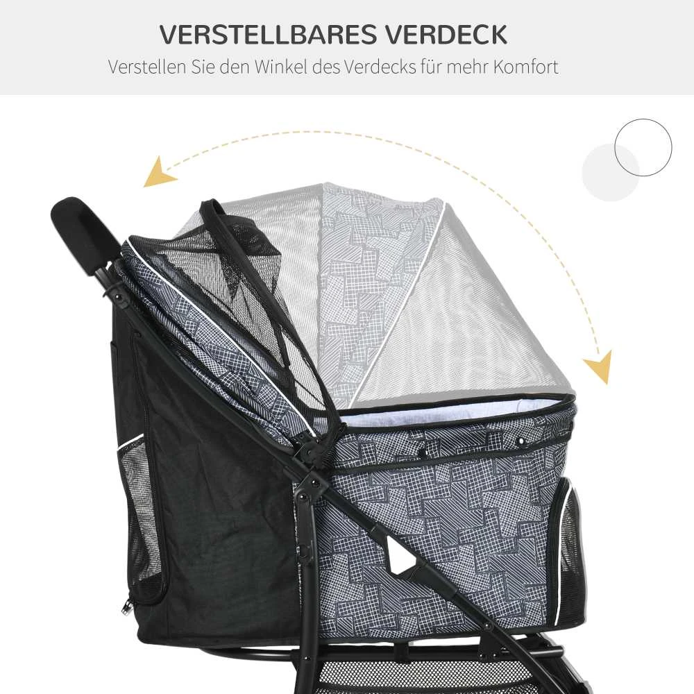 PawHut šunų vežimėlis, sulankstomas vežimėlis šunims, šunų vežimėlis su pagalve, vežimėlis katėms, keturratis vežimėlis katėms, tinkliniai langai, vieta daiktams, Oksfordo audinys, juodas