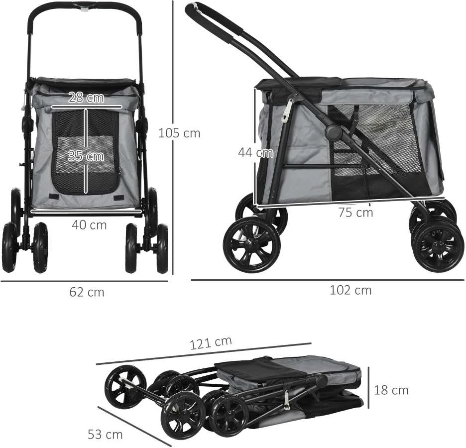PawHut šunų vežimėlis, sulankstomas vežimėlis šunims, šunų vežimėlis su pagalve, vežimėlis katėms iki 20 kg, vežimėlis katėms, tinklelis, Oksfordo audinys, pilka + juoda