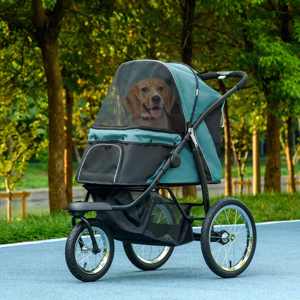 PawHut sulankstomas vežimėlis šunims ir katėms iki 20 kg, visureigiai guminiai ratai, pagalvėlė, tinkliniai langai, durys, krepšys daiktams, tamsiai žalias