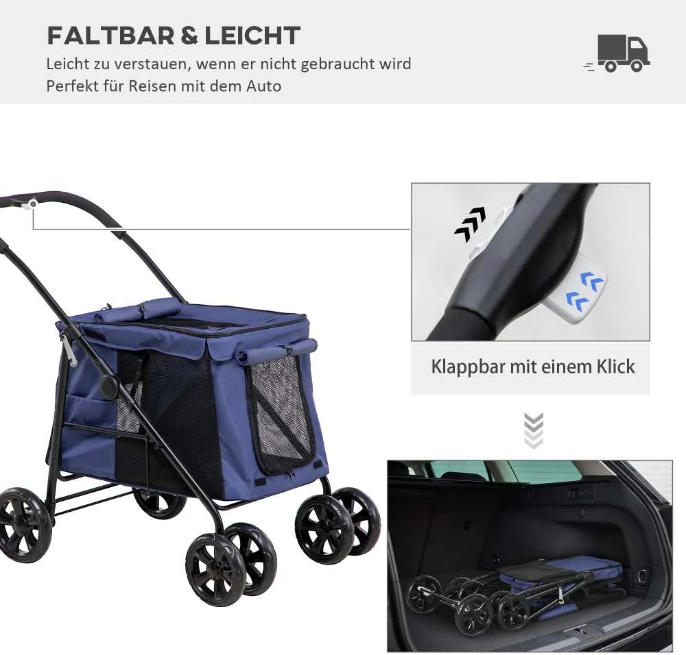 PawHut šunų vežimėlis, sulankstomas šunų vežimėlis, su pagalvėle, su šoninėmis kišenėmis, tinklelio langeliai, mažiems ir vidutinio dydžio šunims iki 20 kg, Oksfordo audinys, mėlynas