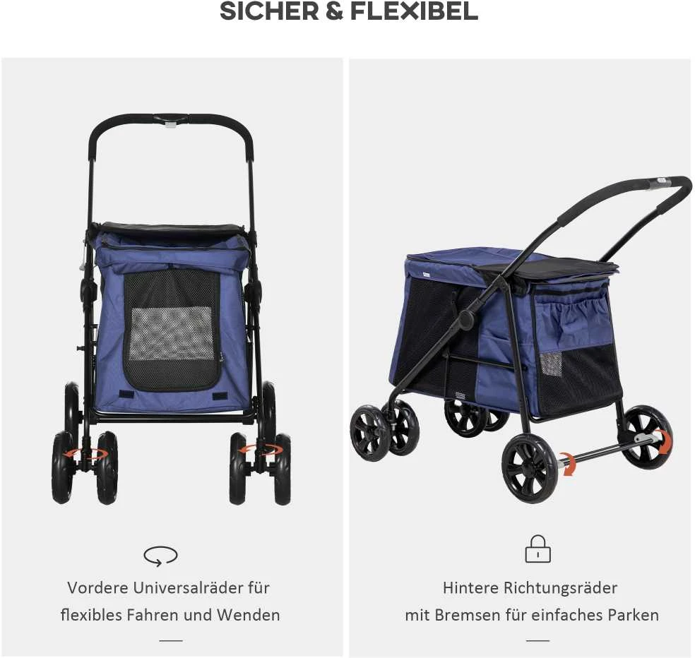 PawHut šunų vežimėlis, sulankstomas šunų vežimėlis, su pagalvėle, su šoninėmis kišenėmis, tinklelio langeliai, mažiems ir vidutinio dydžio šunims iki 20 kg, Oksfordo audinys, mėlynas