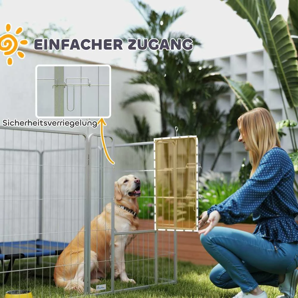 PawHut 100 cm aukščio 8 dalių šuniukų aptvaras su diržu ir durimis, maniežas šunims, tinka mažiems ir vidutinio dydžio šunims, jūrų kiaulytėms, triušiams, plieno, sidabrinis