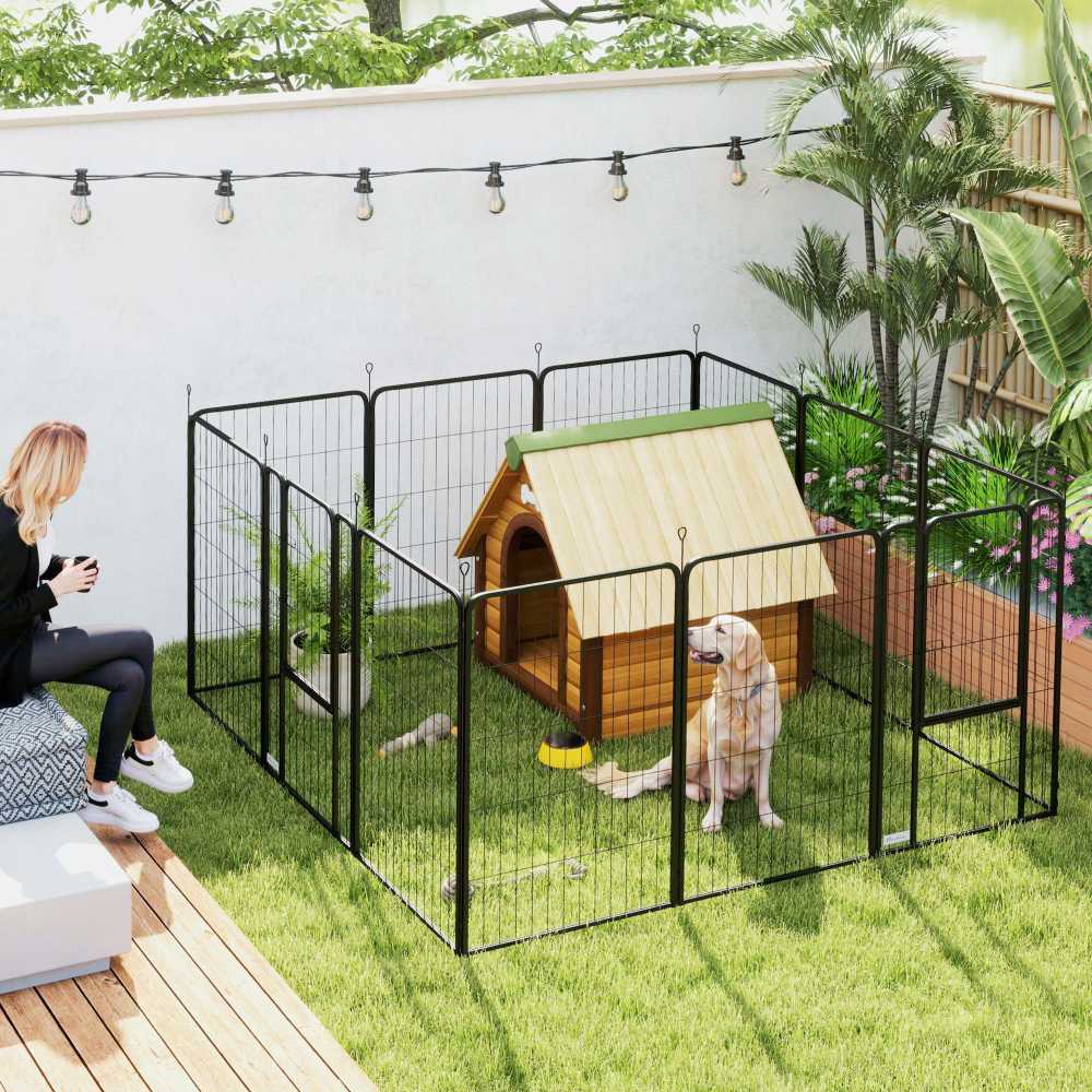 PawHut šuniukų aptvaras, 12 dalių, 100 cm aukščio, sulankstomas, plieno voljeras šunims ir katėms, juodas