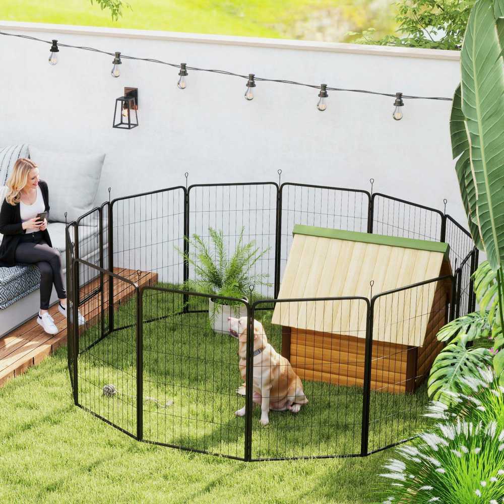 PawHut šuniukų aptvaras, 12 dalių, 100 cm aukščio, sulankstomas, plieno voljeras šunims ir katėms, juodas
