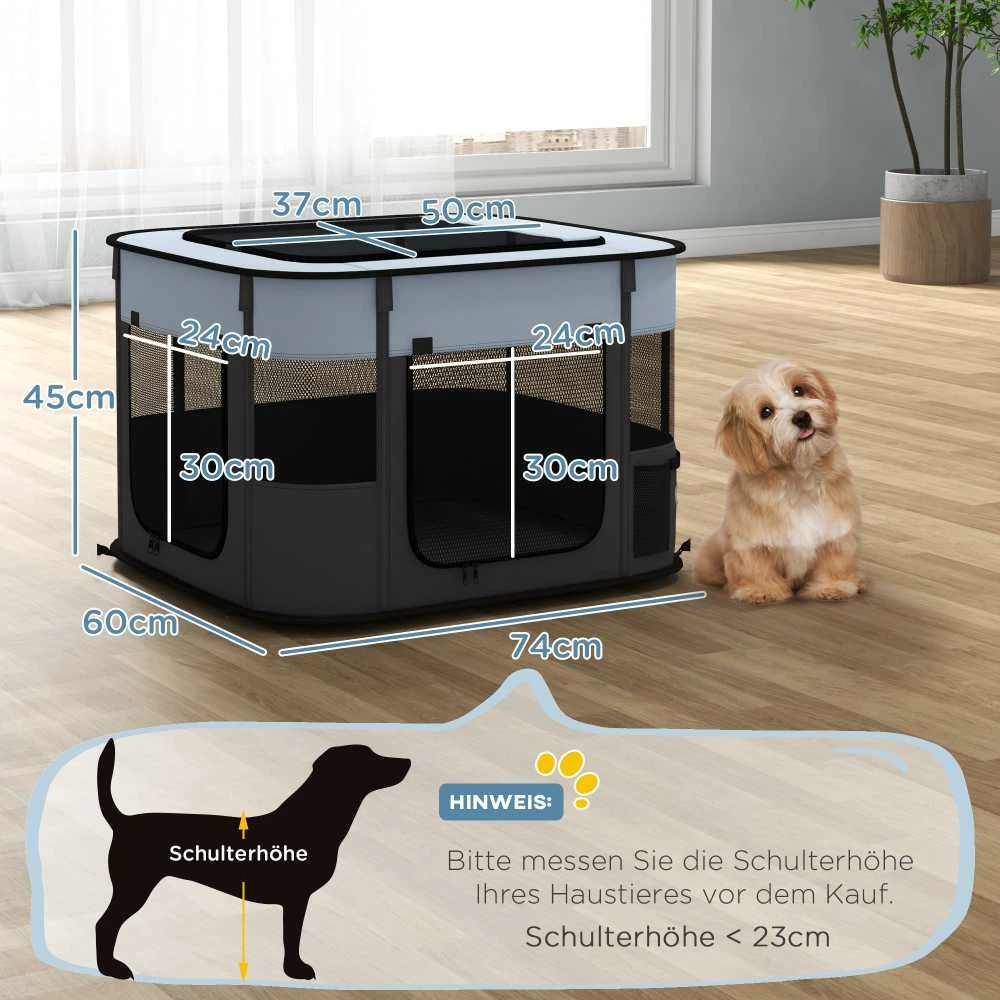 PawHut šuniukų aptvaras, šuniukų maniežas su durelėmis, langais, sulankstomas, kvėpuojantis tinklelis, mažiems šunims iki 4kg ir smulkiems gyvūnams, vidaus ir lauko naudojimui, 74 x 60 x 45 cm, pilkas