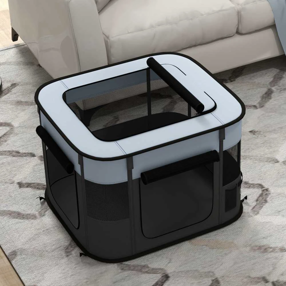 PawHut šuniukų aptvaras, šuniukų maniežas su durelėmis, langais, sulankstomas, kvėpuojantis tinklelis, mažiems šunims iki 4kg ir smulkiems gyvūnams, vidaus ir lauko naudojimui, 74 x 60 x 45 cm, pilkas