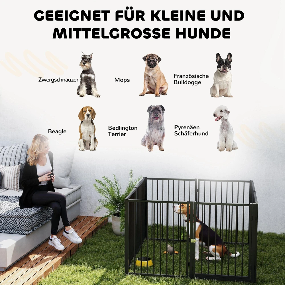 PawHut šuniukų aptvaras, šunų voljeras, 8 panelės su durelėmis, sulankstoma ir nešiojama šunų tvorelė, plieno, juodas