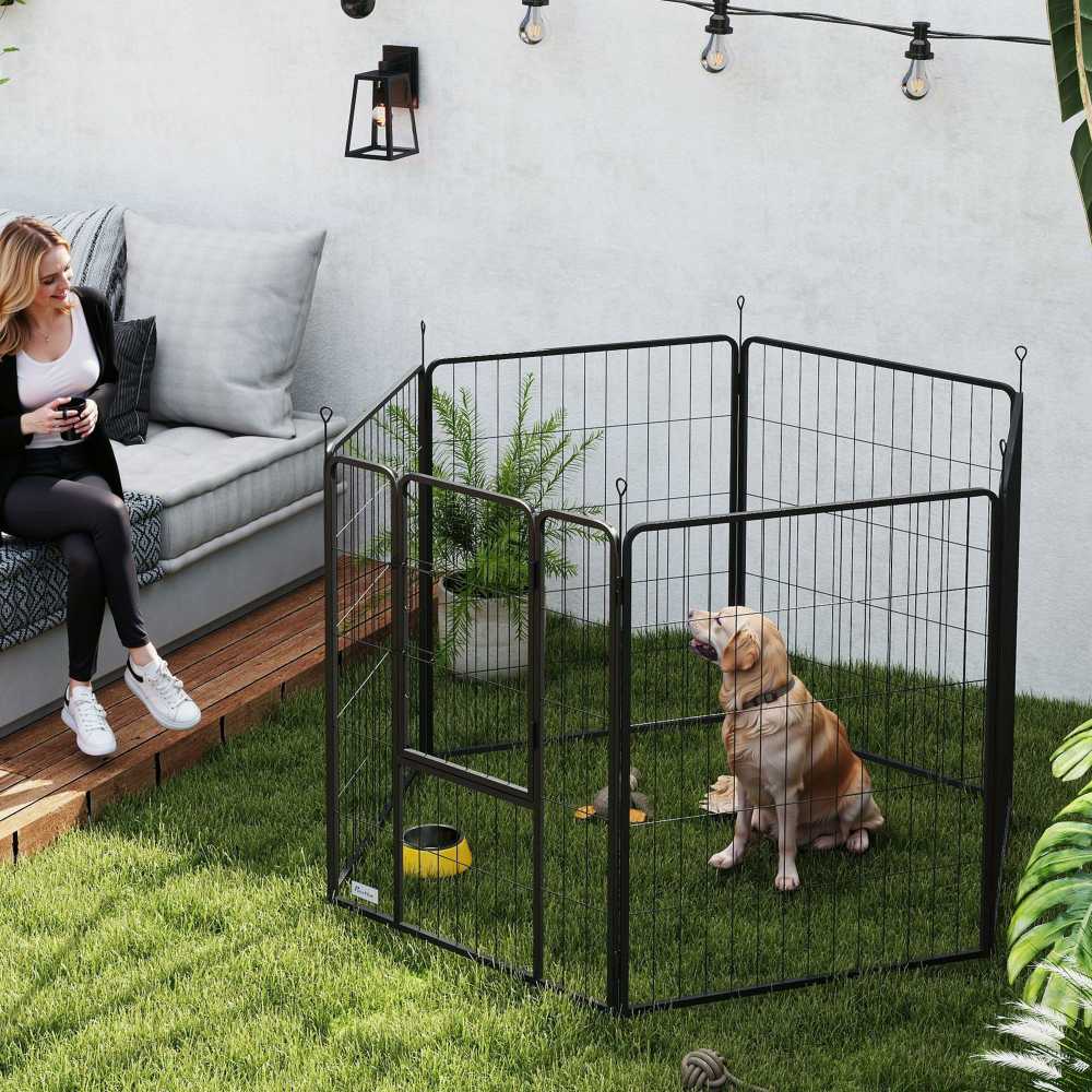 "PawHut" šuniukų vedžiojimo aikštelė 100 cm aukščio, 6-PLG. šunų aptvaras "pasidaryk pats" šuniukų vedžiojimo aikštelė su durimis, laisvas aptvaras mažiems, vidutiniams ir dideliems šunims, plienas, juoda