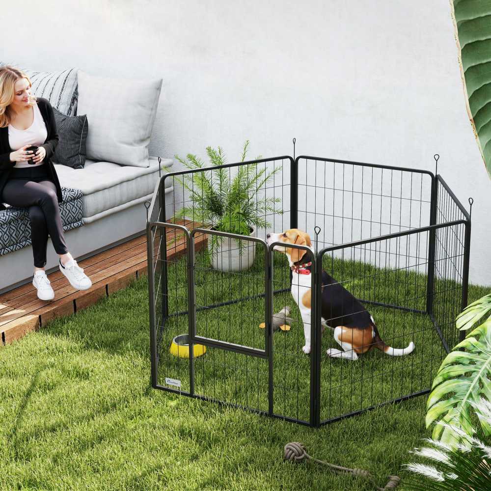 "PawHut" šuniukų vedžiojimo aikštelė 80 cm aukščio, 6-PLG. šunų aptvaras "pasidaryk pats" šuniukų vedžiojimo aikštelė su durimis, laisvas aptvaras mažiems ir vidutinio dydžio šunims, plienas, juoda