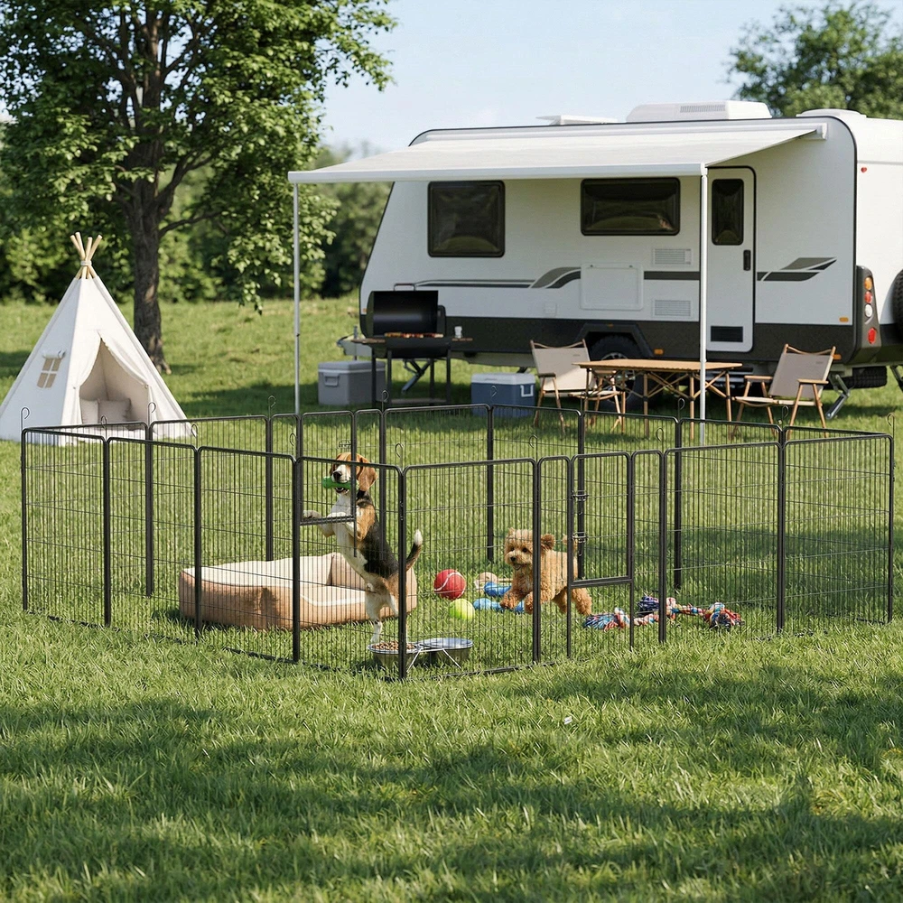 PawHut šuniukų voljeras, maniežas šuniukams, aptvaras vidutiniams, mažiems šunims, smulkiems gyvūnams, DIY voljeras su dvejomis durelėmis, plieno, pilkas