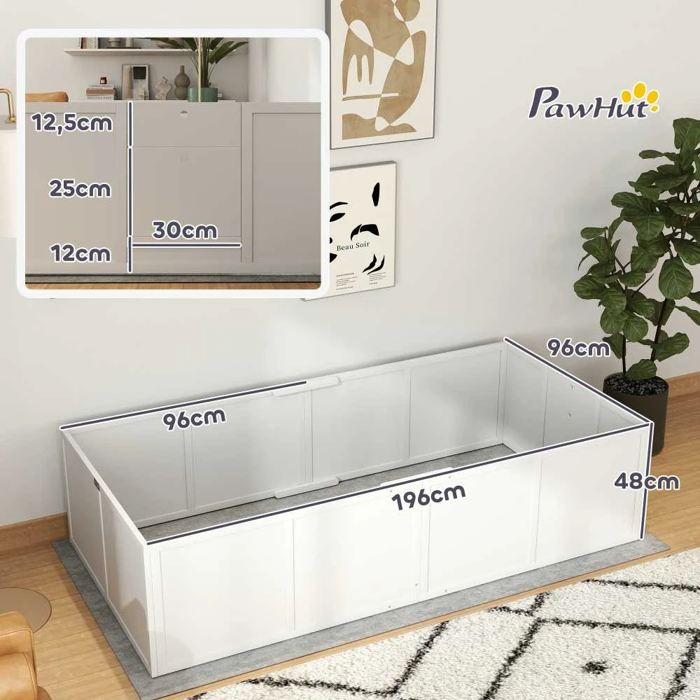 PawHut vaikvedė dėžė šuniukams, šuniukų aptvaras su reguliuojamais įėjimais, neslystantis šuniukų aptvaras mažiems ir dideliems šunims, 196 x 96 x 48 cm, eglės mediena, balta