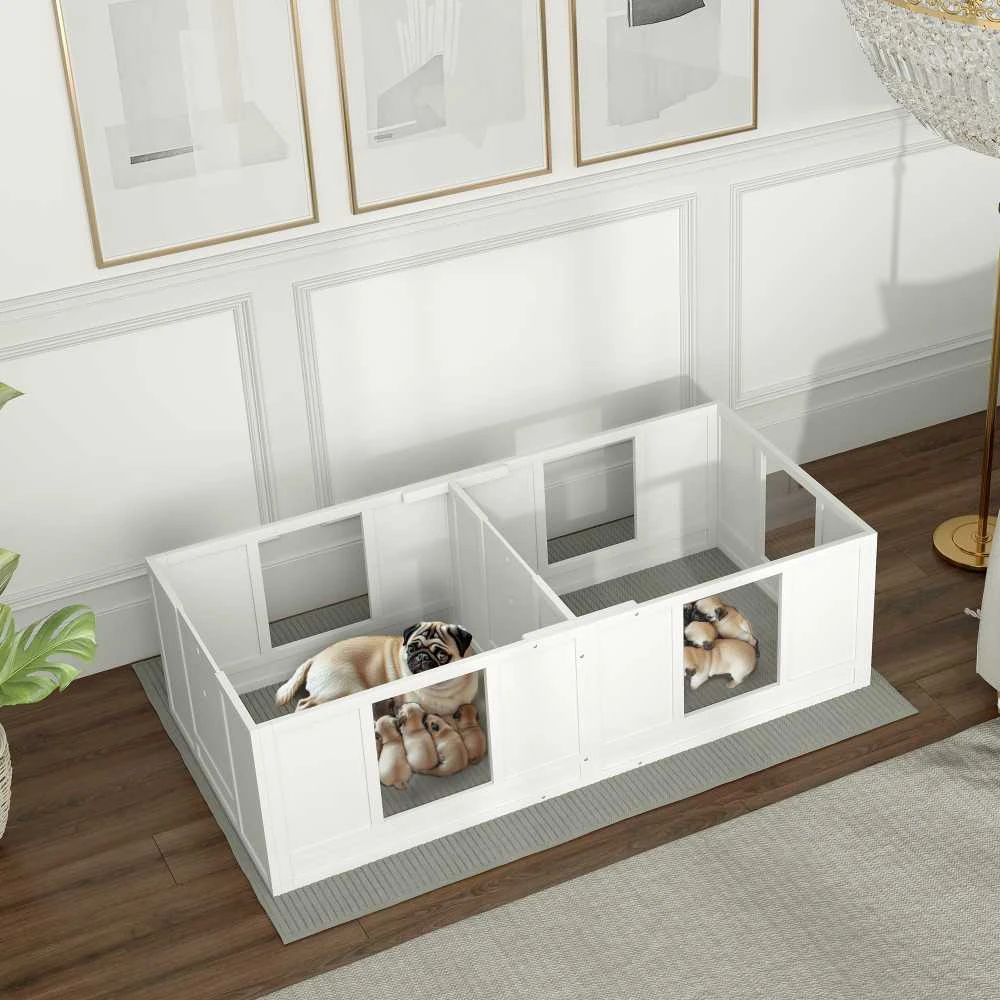 PawHut šuniukų gimdykla, aptvaras šuniukams su vandeniui atspariu ir plaunamu kilimėliu, reguliuojamos durelės, 2 erdvių dizainas mažiems šunims, 164 x 80 x 48 cm, balta