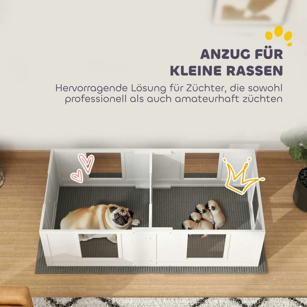 PawHut šuniukų gimdykla, aptvaras šuniukams su vandeniui atspariu ir plaunamu kilimėliu, reguliuojamos durelės, 2 erdvių dizainas mažiems šunims, 164 x 80 x 48 cm, balta