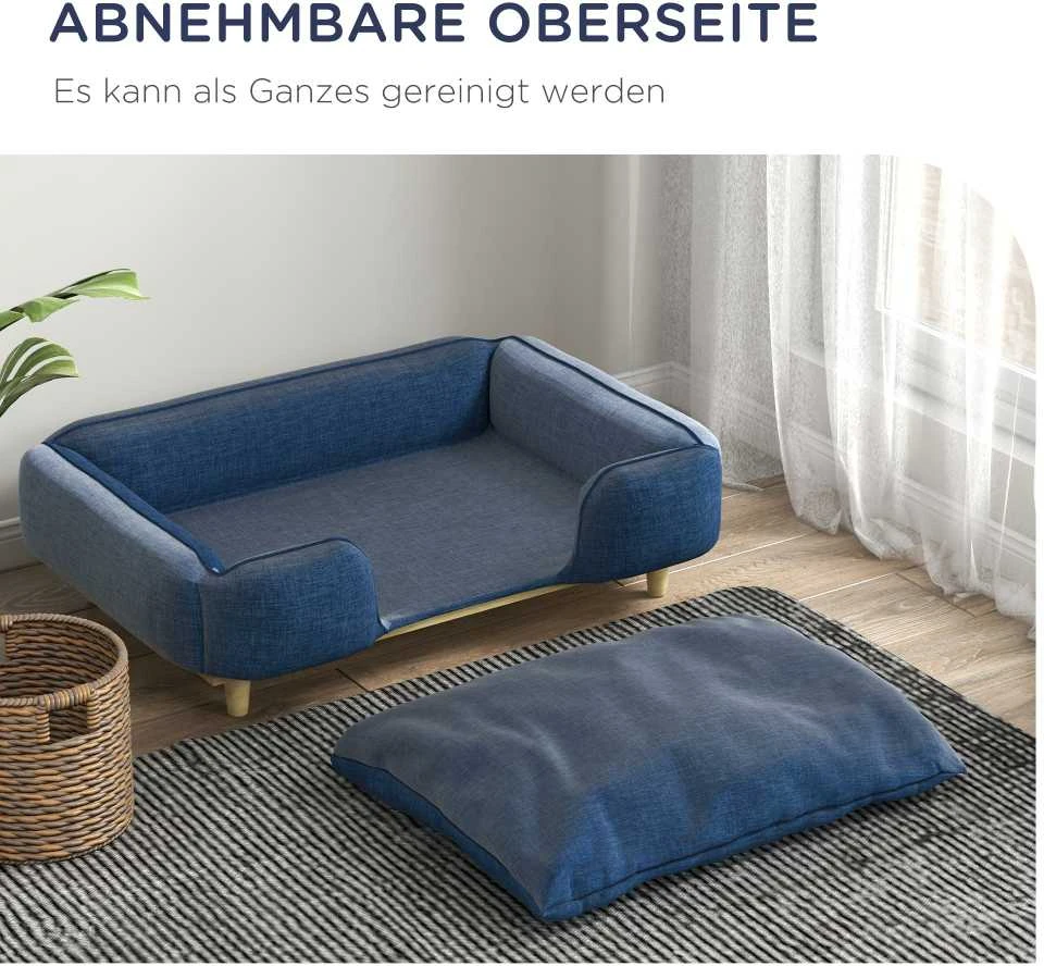 PawHut šunų lova, šunų pagalvė, šunų krepšelis, šunų sofa, medinės kojelės, poliesteris, tamsiai mėlyna, 96 x 66 x 24 cm