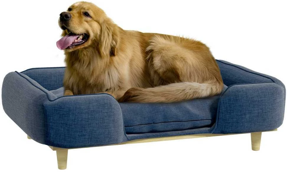 PawHut šunų lova, šunų pagalvė, šunų krepšelis, šunų sofa, medinės kojelės, poliesteris, tamsiai mėlyna, 96 x 66 x 24 cm