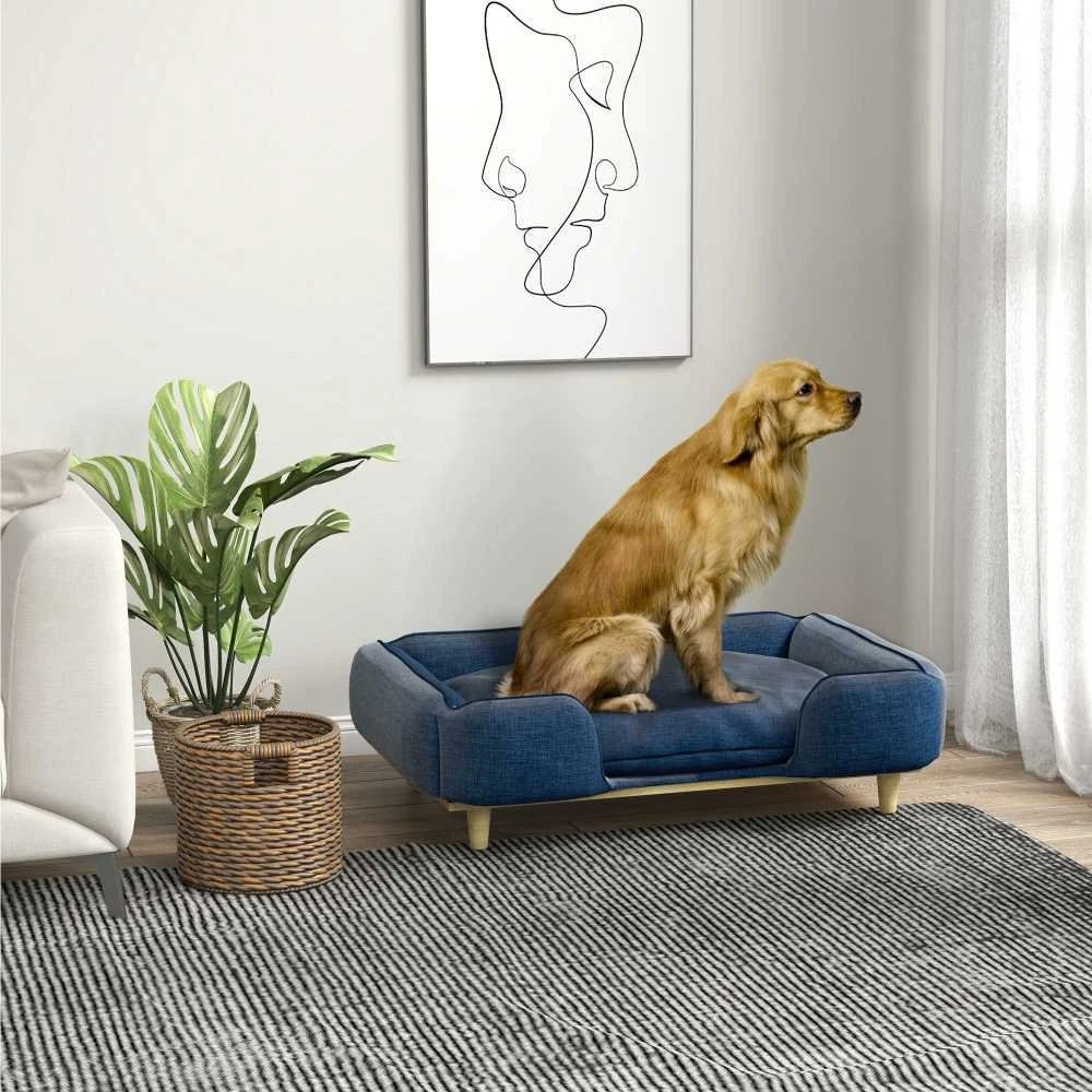 PawHut šunų lova, šunų pagalvė, šunų krepšelis, šunų sofa, medinės kojelės, poliesteris, tamsiai mėlyna, 96 x 66 x 24 cm