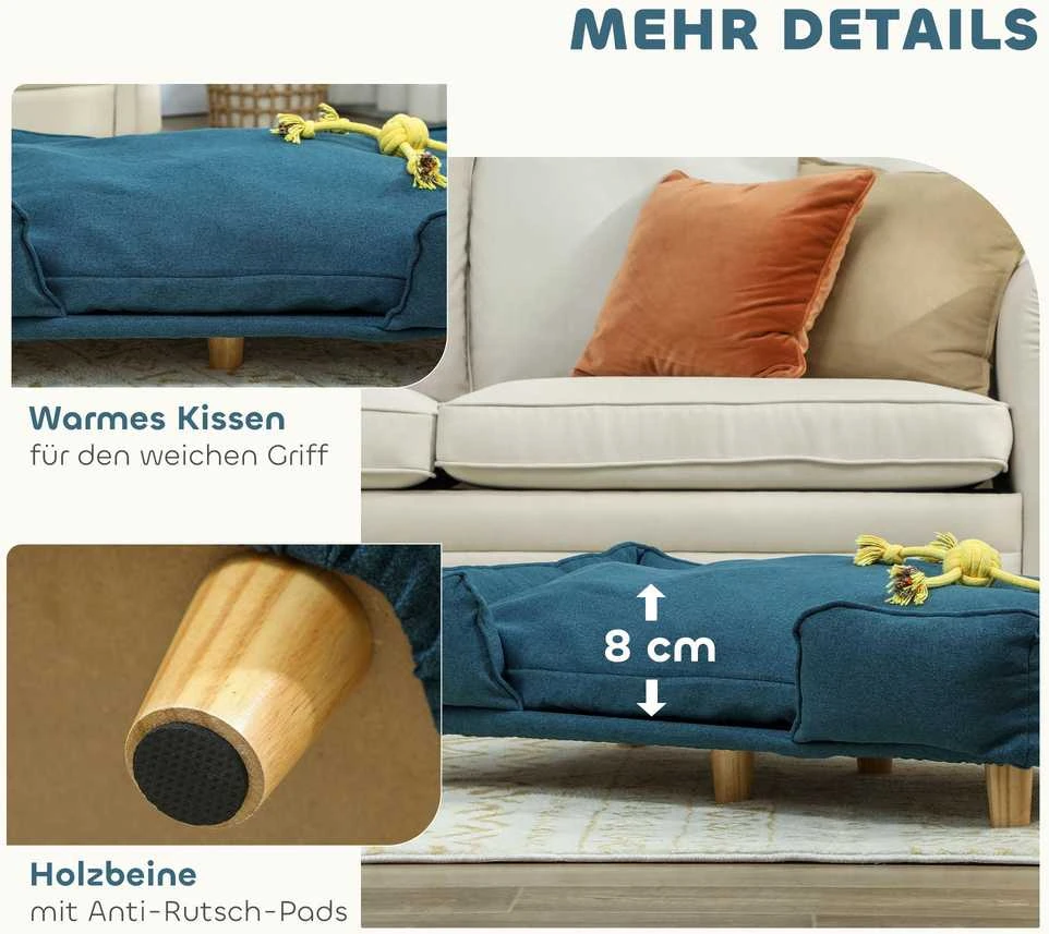 PawHut šunų lova, šunų pagalvė, šunų krepšelis, šunų sofa, medinės kojelės, poliesteris, tamsiai mėlyna, 96 x 66 x 24 cm