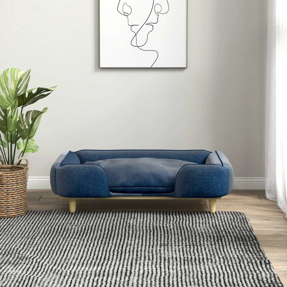 PawHut šunų lova, šunų pagalvė, šunų krepšelis, šunų sofa, medinės kojelės, poliesteris, tamsiai mėlyna, 96 x 66 x 24 cm