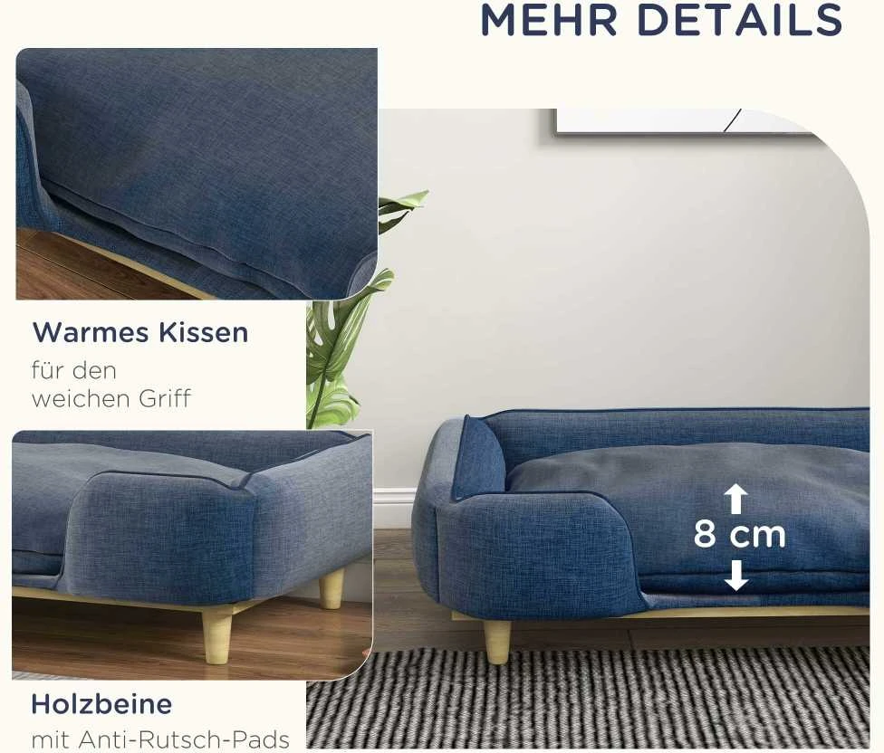 PawHut šunų lova, šunų pagalvė, šunų krepšelis, šunų sofa, medinės kojelės, poliesteris, tamsiai mėlyna, 96 x 66 x 24 cm