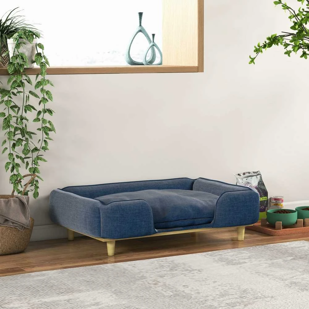 PawHut šunų lova, šunų pagalvė, šunų krepšelis, šunų sofa, medinės kojelės, poliesteris, tamsiai mėlyna, 96 x 66 x 24 cm