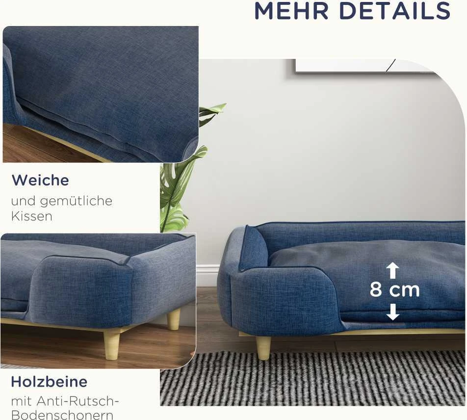 PawHut šunų lova, šunų pagalvė, šunų krepšelis, šunų sofa, medinės kojelės, poliesteris, tamsiai mėlyna, 96 x 66 x 24 cm
