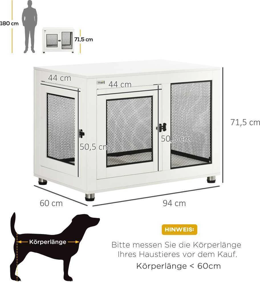 PawHut šunų narvas su stalviršiu, šunų namelis, šunų būda su pagalve, vidinis šunų narvelis su 2 durelėmis, šoninis staliukas, baltas/juodas, 94 x 60 x 71,5 cm