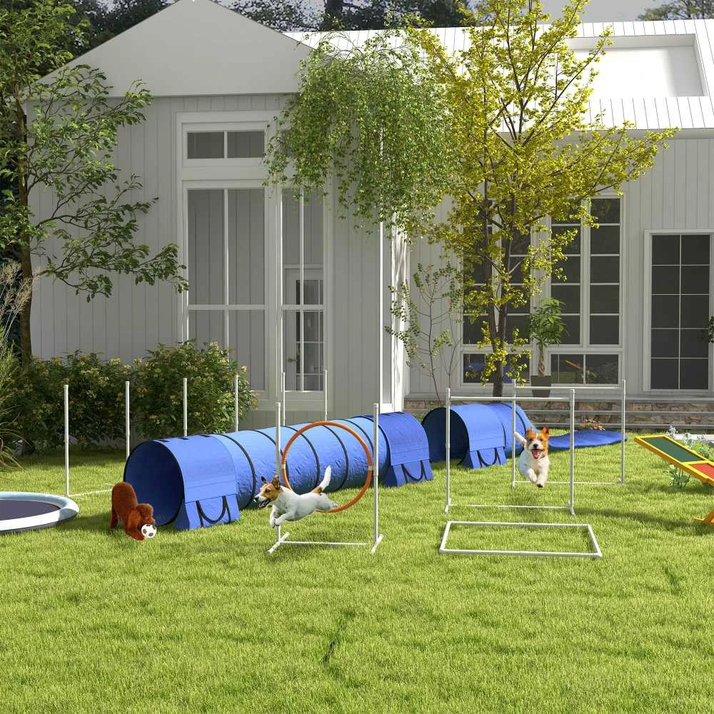 PawHut šunų vikrumo (agility) rinkinys, 7 dalių rinkinys su reguliuojamo aukščio kliūtimis, slalomo stulpais, poilsio dėže, tuneliu, šuolio žiedu, kliūčių rinkiniu, įskaitant švilpuką