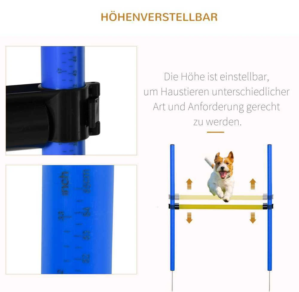 PawHut šunų dresūros rinkinys, šunų agility rinkinys, šunų dresūros kliūčių ruožas, įskaitant tunelį, slalomo stulpelius, kliūčių kartį, starto aikštelę, mėlynos ir geltonos spalvos
