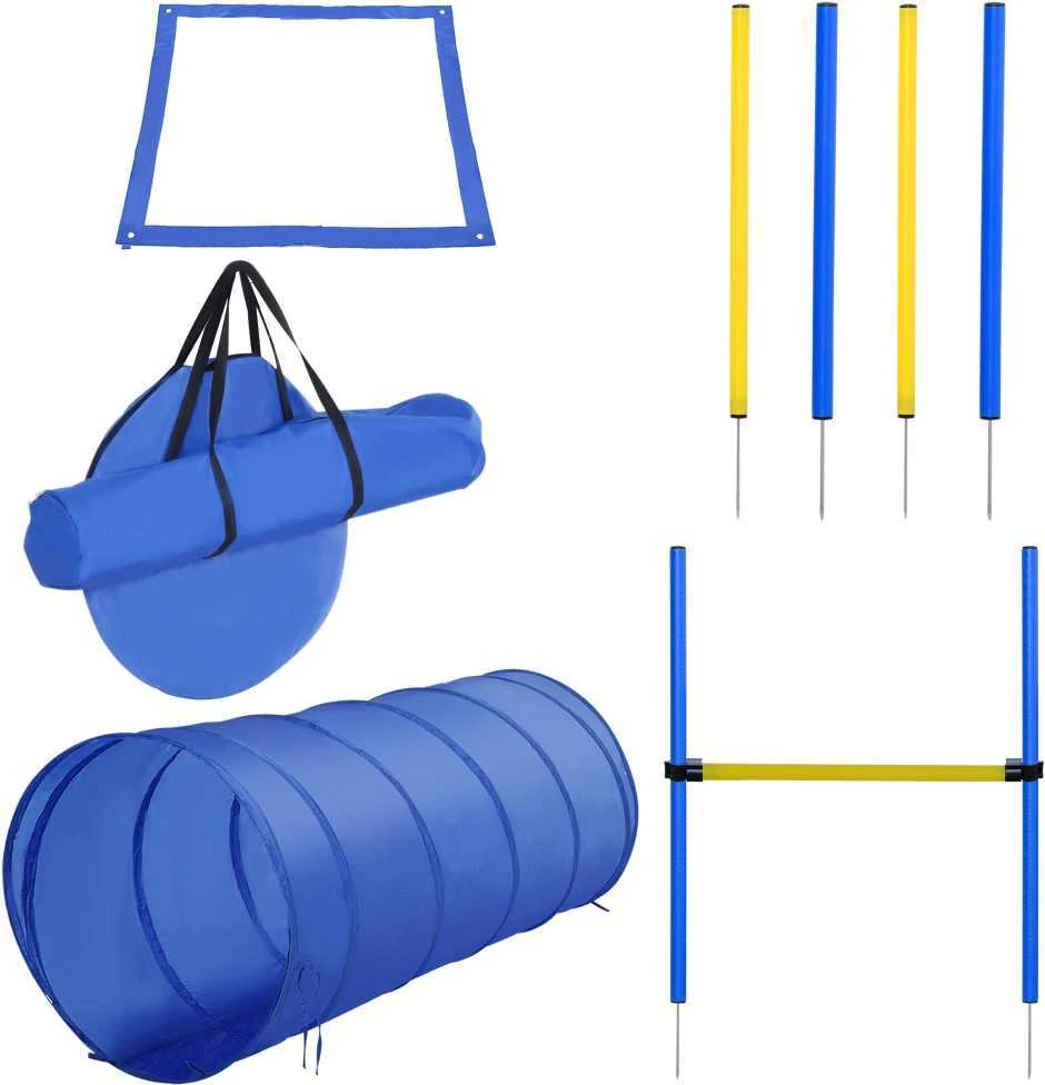 PawHut šunų dresūros rinkinys, šunų agility rinkinys, šunų dresūros kliūčių ruožas, įskaitant tunelį, slalomo stulpelius, kliūčių kartį, starto aikštelę, mėlynos ir geltonos spalvos