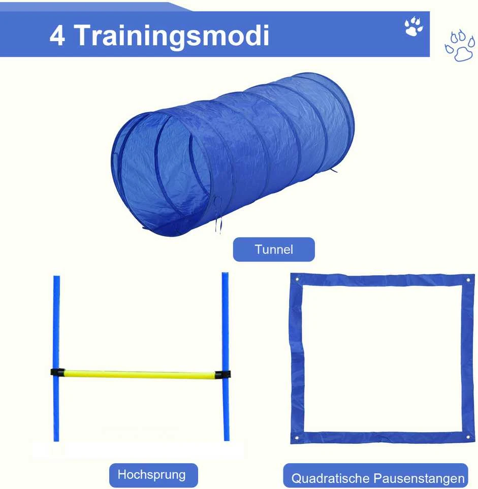 PawHut Agility treniruočių rinkinys šunims: slalomas, kliūtys, tunelis, PE+poliesteris, mėlyna/geltona