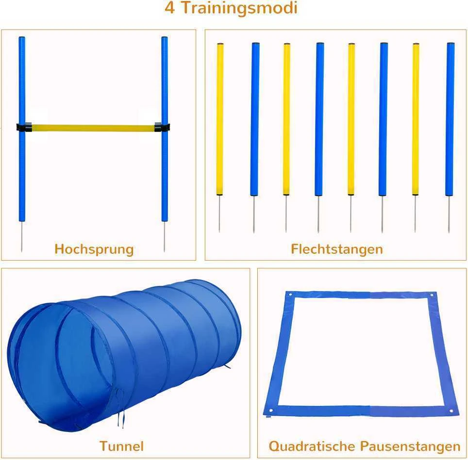 PawHut Agility treniruočių rinkinys šunims: slalomas, kliūtys, tunelis, PE+poliesteris, mėlyna/geltona