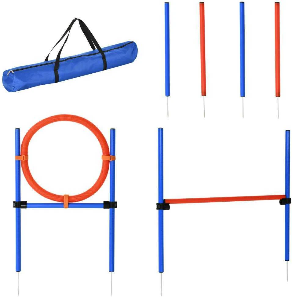 PawHut šunų dresūros įranga, agility treniruočių rinkinys, šunų agility rinkinys, 3-in-1 šunų sporto aikštelė, mėlyna+raudona