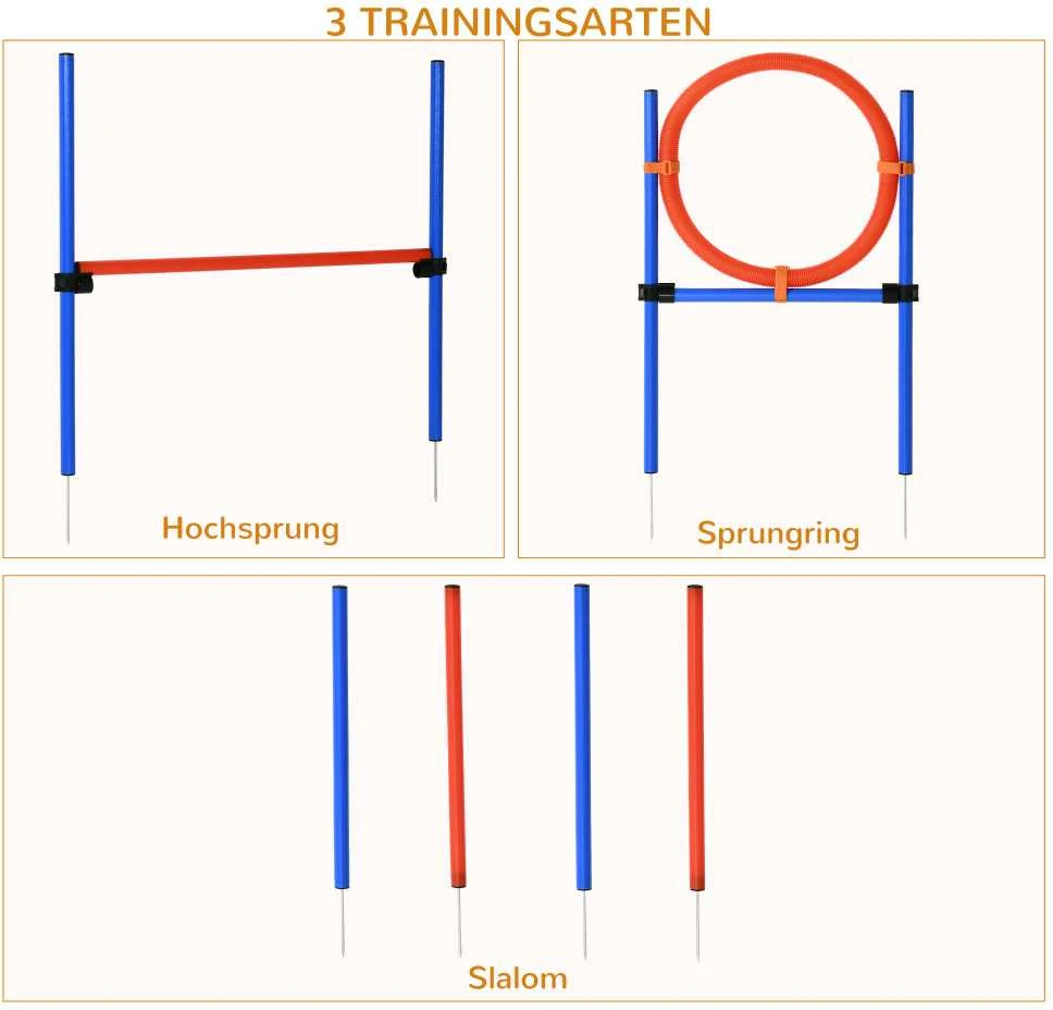 PawHut šunų dresūros įranga, agility treniruočių rinkinys, šunų agility rinkinys, 3-in-1 šunų sporto aikštelė, mėlyna+raudona