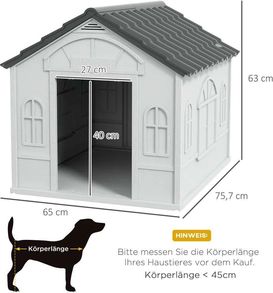 PawHut šunų būda, šunų namelis su dvišlaičiu stogu, atsparus oro sąlygoms namelis smulkiems gyvūnams, vidutinio dydžio šunims iki 20 kg, lauko šunų būda, 65 x 75,7 x 63 cm, pilka