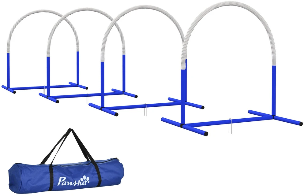 PawHut šunų dresūros įranga, Agility rinkinys šunims, 4 dalių kliūčių rinkinys vyresniems šunims, dresūros rinkinys su krepšiu, mėlyna/balta, 88 x 64 x 95 cm