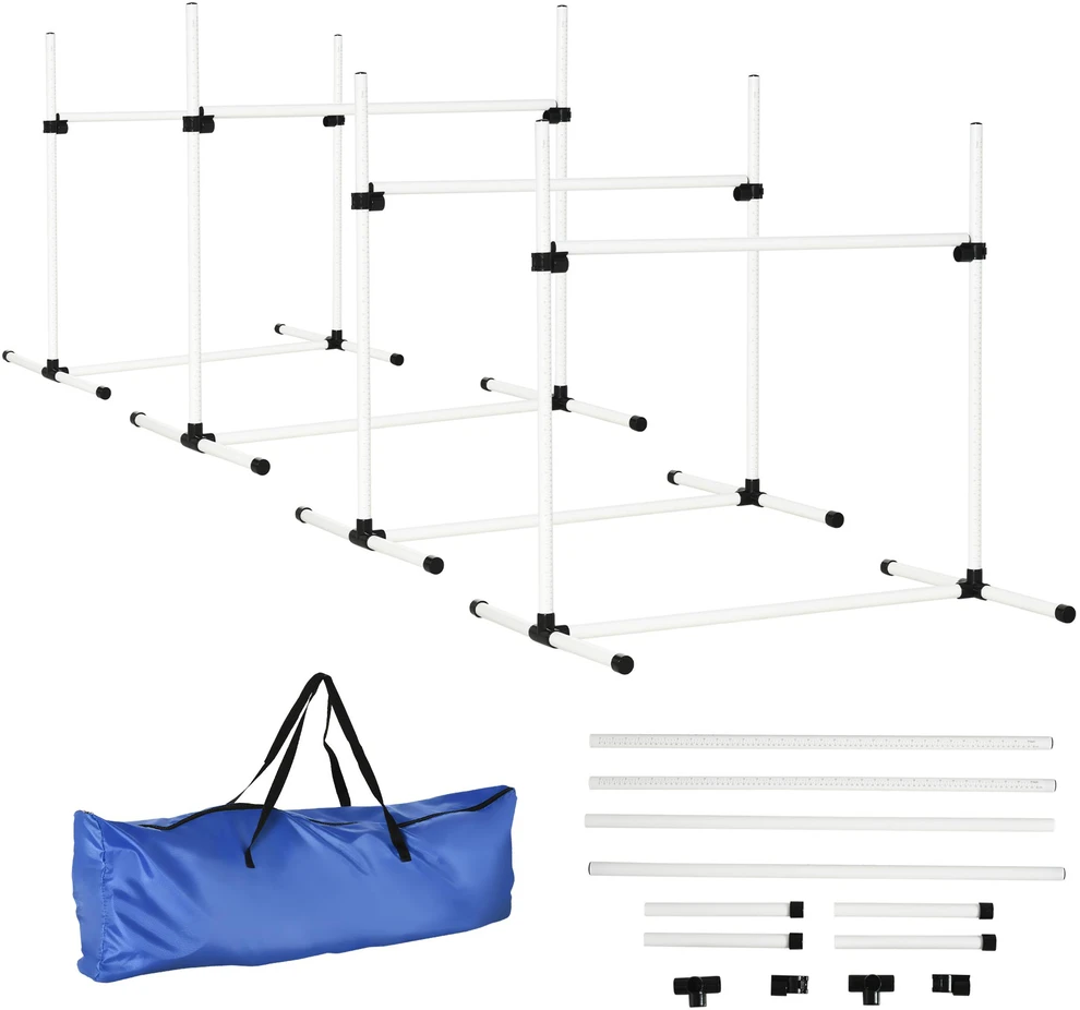 PawHut šunų dresūros rinkinys, agility kliūčių ruožas, slalomui, 4 kliūtys, plastikas, baltas, 99x65x94cm