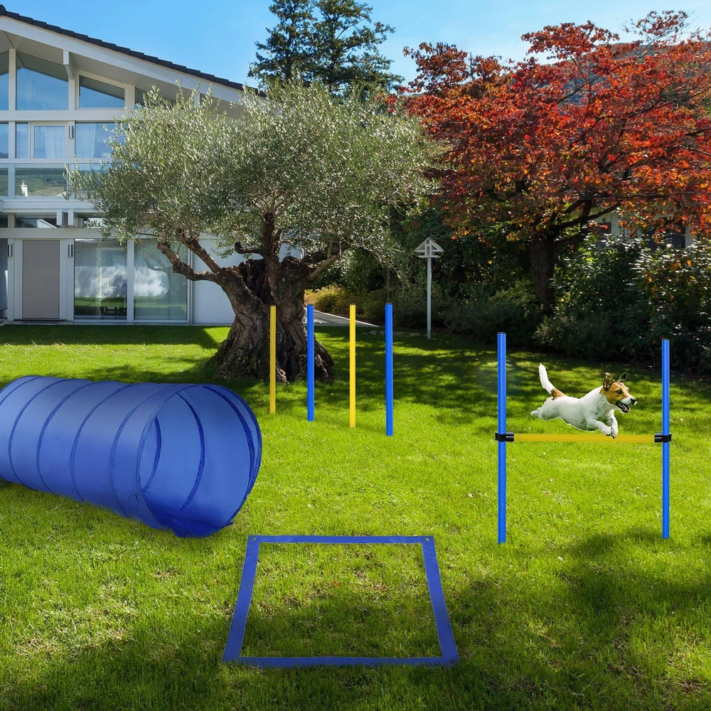 PawHut šunų dresūros rinkinys, šunų agility rinkinys, šunų dresūros kliūčių ruožas, įskaitant tunelį, slalomo stulpelius, kliūčių kartį, starto aikštelę, mėlynos ir geltonos spalvos