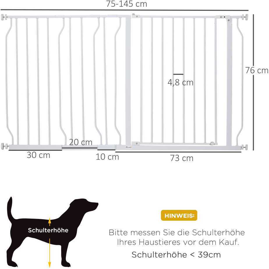 "PawHut" šunų durų varteliai, 75-145 cm šunų durų varteliai, kūdikių durų varteliai, užspaudžiami varteliai, apsauginiai varteliai, atidaromi į dvi puses, plieniniai, balti