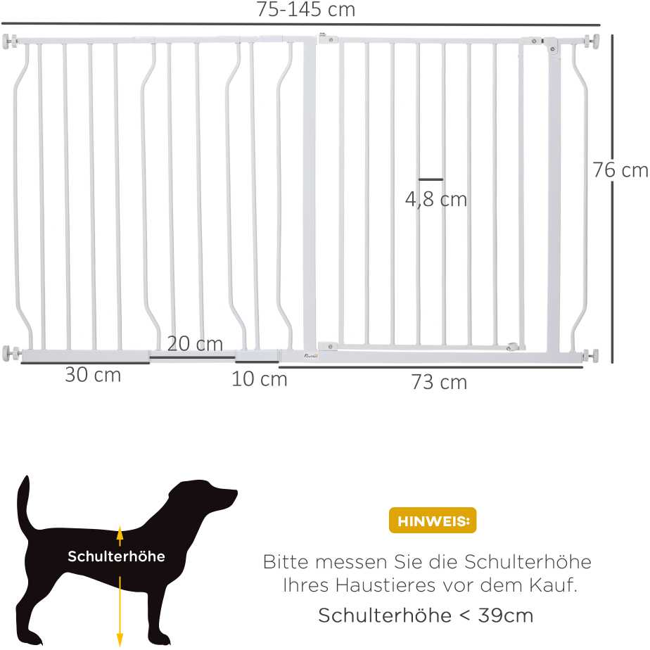 "PawHut" šunų durų varteliai, 75-145 cm šunų durų varteliai, kūdikių durų varteliai, užspaudžiami varteliai, apsauginiai varteliai, atidaromi į dvi puses, plieniniai, balti